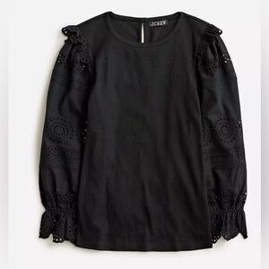 J. Crew Women’s Ruffle-Trim Eyelet Top In Vintage Rib BT680 Sz S In Black NWT